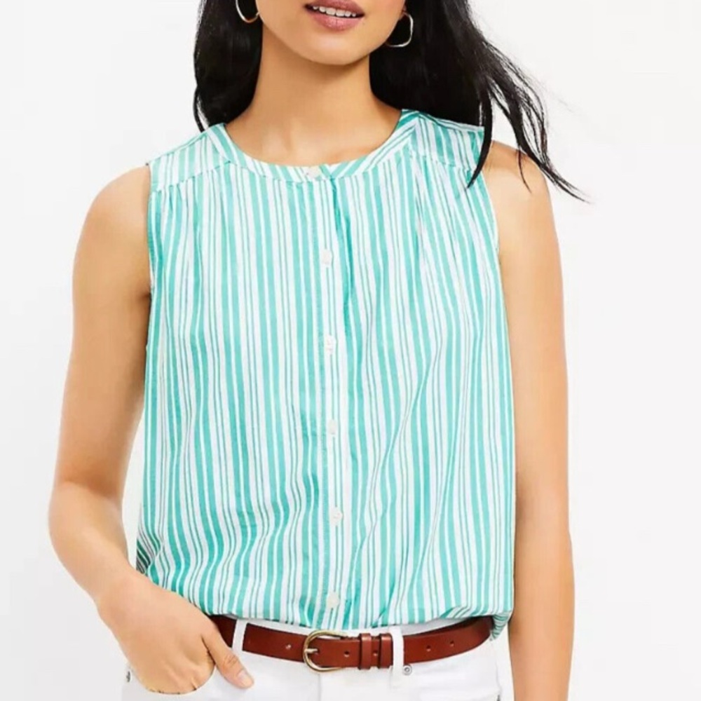 NWT LOFT Green White Striped Button Down Sleeveless Blouse Women’s Large